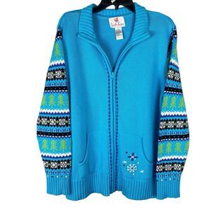 Quaker Factory Blue Zip Up Sweater Sz Large Beaded Winter Nordic Fair Isle Print